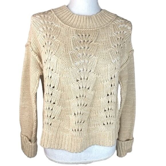 Free People Wm’s Sz Small Oatmeal Bell Song Cropped Pullover Open Knit Sweater - Picture 1 of 6